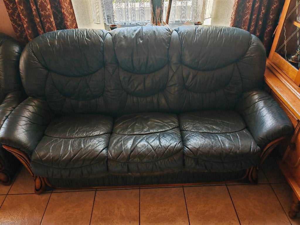 Salon en cuir véritable (Canapé 3 places + 1 Fauteuil), Ophalen, Gebruikt, Hout, Rechte bank
