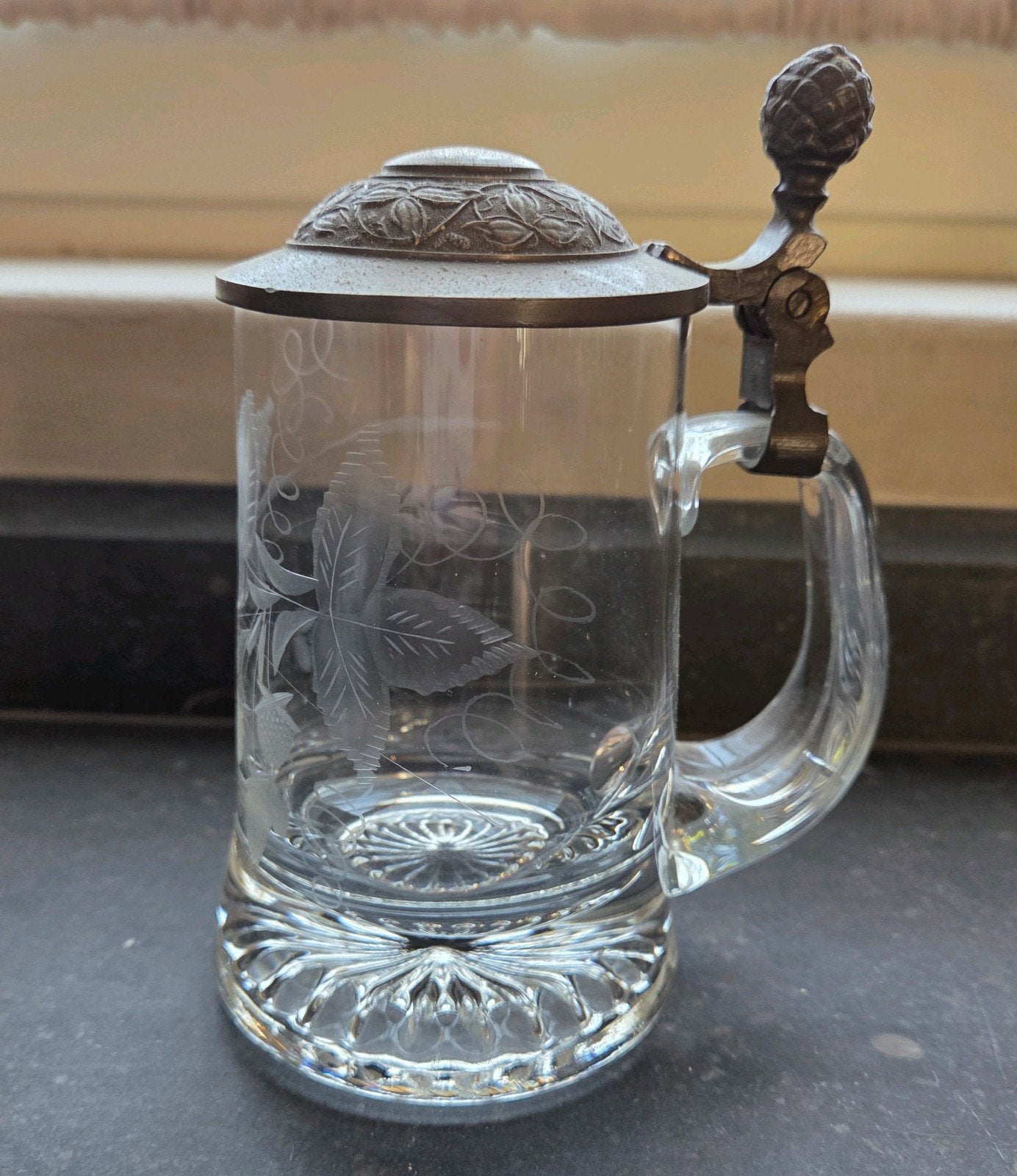 Vintage kristallen bierpul met tinnen deksel, Antiek en Kunst, Ophalen