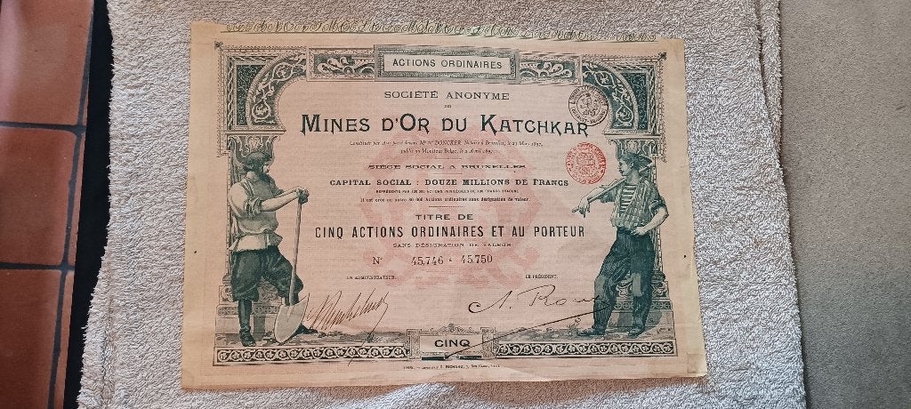 Action Ordinaires Mines D'or Du Katchkar, Timbres & Monnaies, Enlèvement ou Envoi, Avant 1920, Certificat d'action