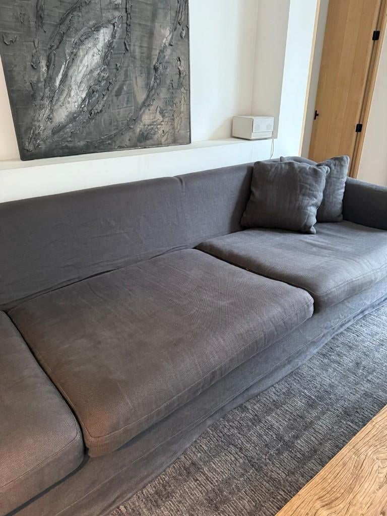 Sofa Scapa donker bruin 3 zit + poef, Maison & Meubles, Canapés | Coins salons complets, Utilisé, Tissus, Enlèvement