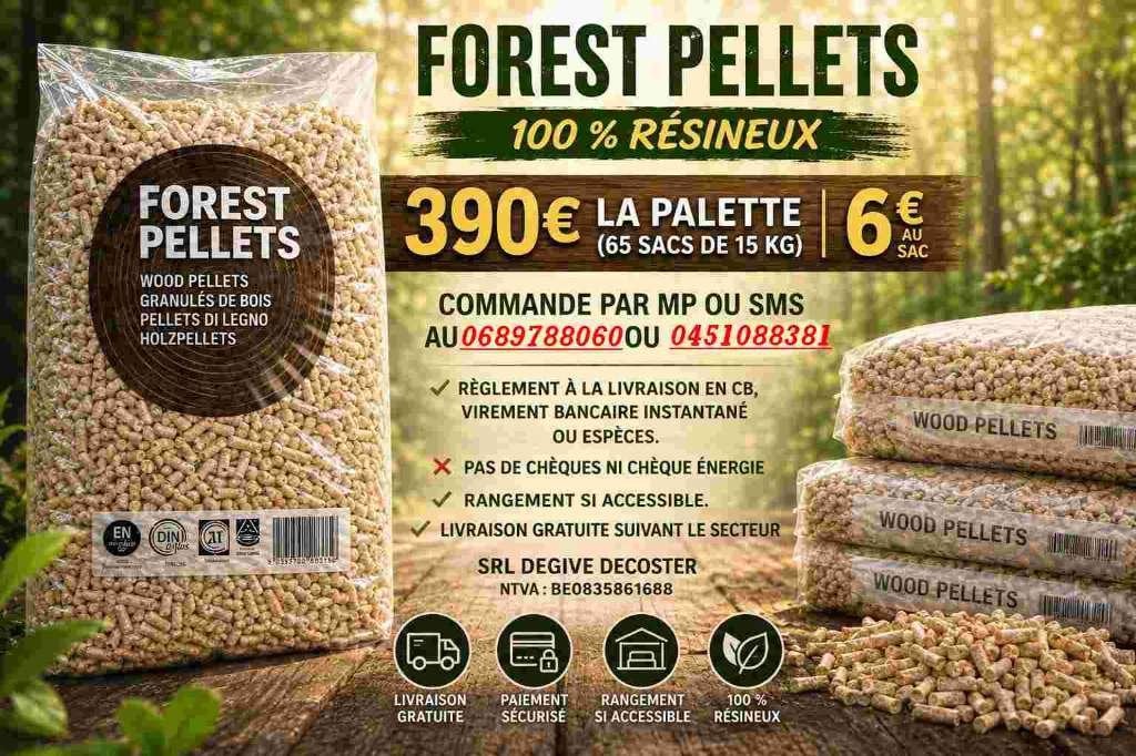 Palettes de Pellets 100 % résineux. Paiement à la livraison, 6 m³ ou plus, Envoi, Autres essences de bois, Bûches