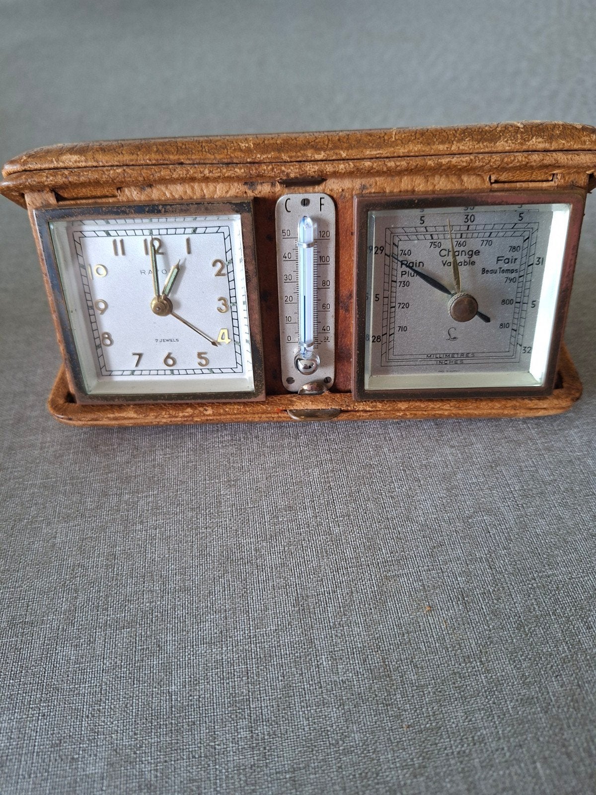 reiswekker met thermoter en barometer in etui  alles werkt, Antiek en Kunst, Ophalen