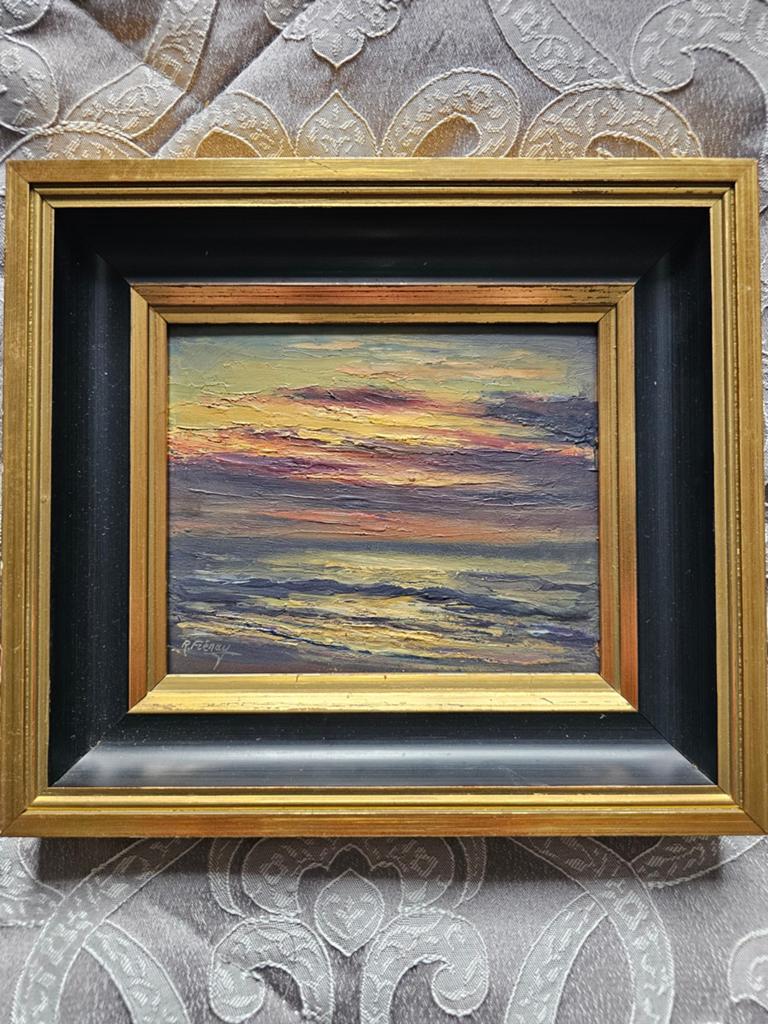 Tableau ancien - Marine / Coucher de soleil - R. Frénay - Ca, Antiquités & Art, Enlèvement
