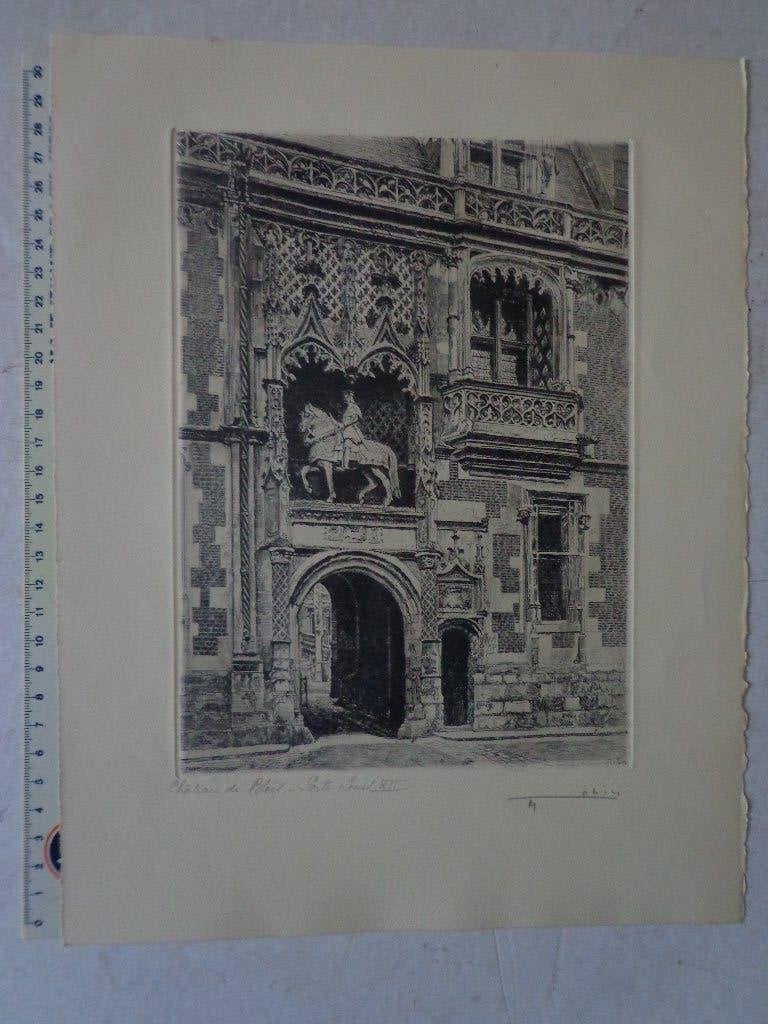 verfijnde ets L. Robin Château de Blois - porte Louis XII, Antiek en Kunst, Kunst | Etsen en Gravures, Ets, Architectuur, Ophalen of Verzenden
