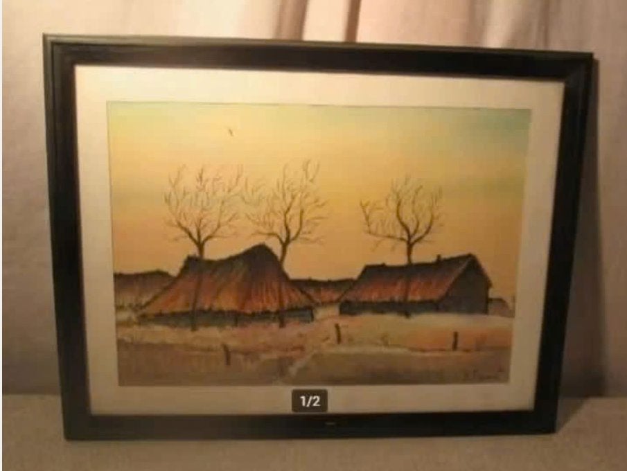 Mooi Geschilderd Aquarel '2 Oude Schuren' - J Lens, Gesigneerd, Ophalen of Verzenden, Landschap, Aquarel