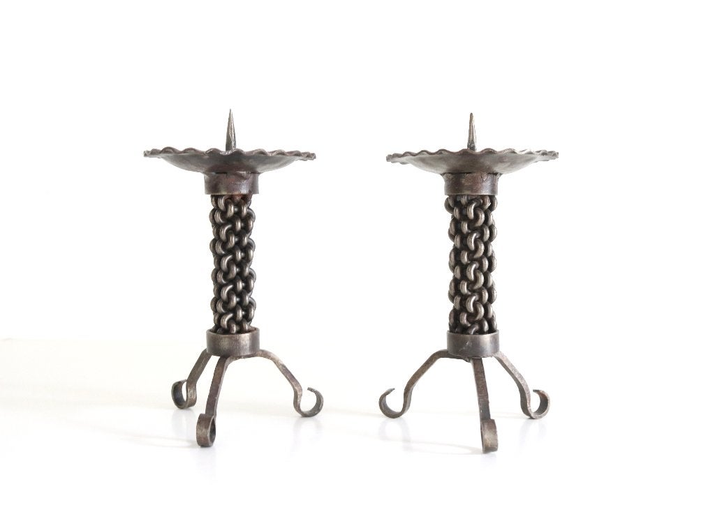 2 metalen Brutalist kandelaars - Vintage, Antiek en Kunst, Ophalen of Verzenden