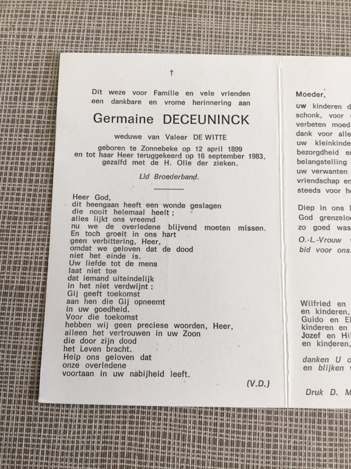 G.Deceuninck lid Broederband collaboratie AVV-VVK Zonnebeke, Verzamelen, Ophalen of Verzenden, Bidprentje