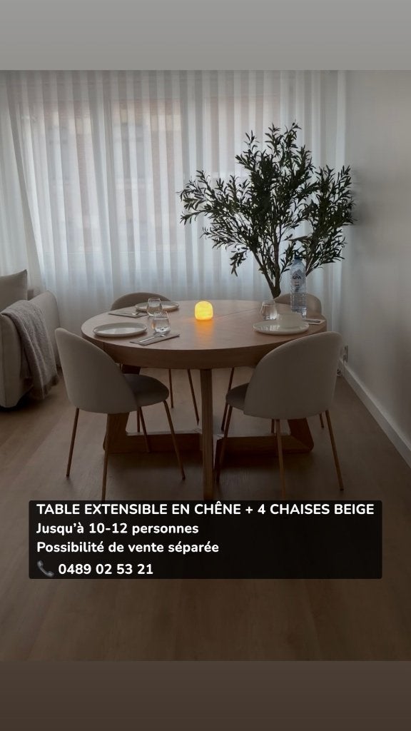 Table extensible en bois de chêne  et chaises beiges, Maison & Meubles, Tables | Tables à manger, Comme neuf, 100 à 150 cm, 100 à 150 cm