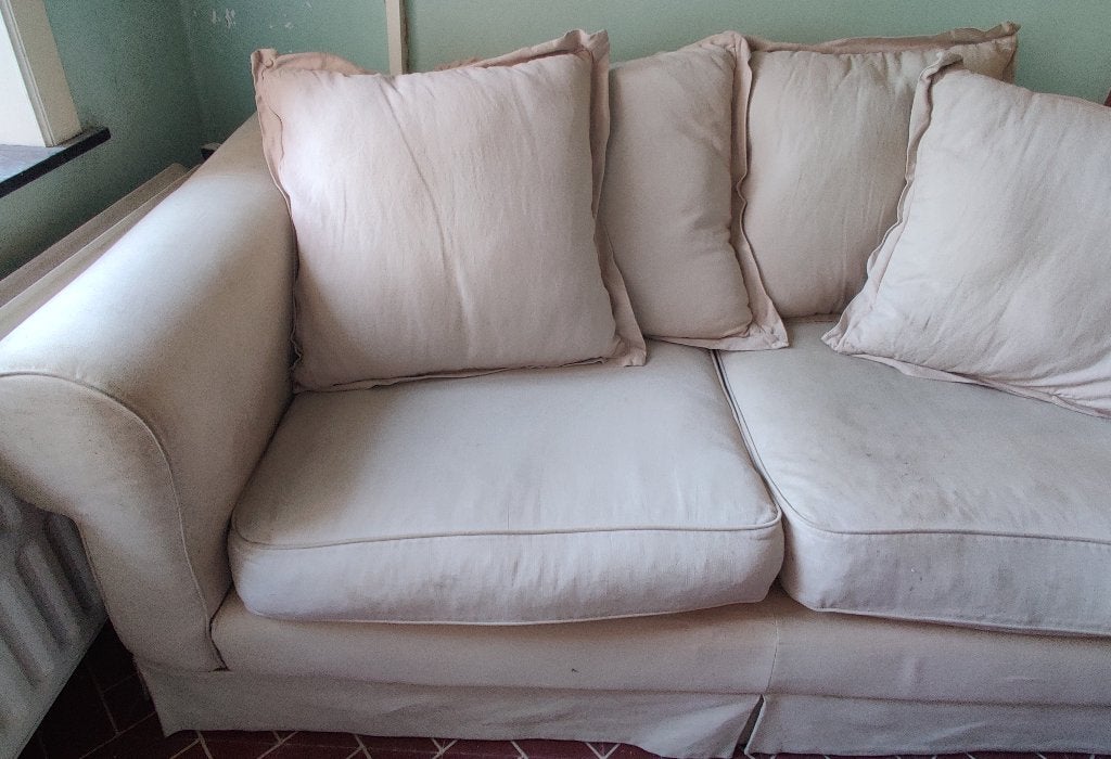 Canapé 2,5 places en tissu beige, L200xW97xH80cm, Maison & Meubles, Canapés | Salons, 75 à 100 cm, Enlèvement, Utilisé, Deux personnes