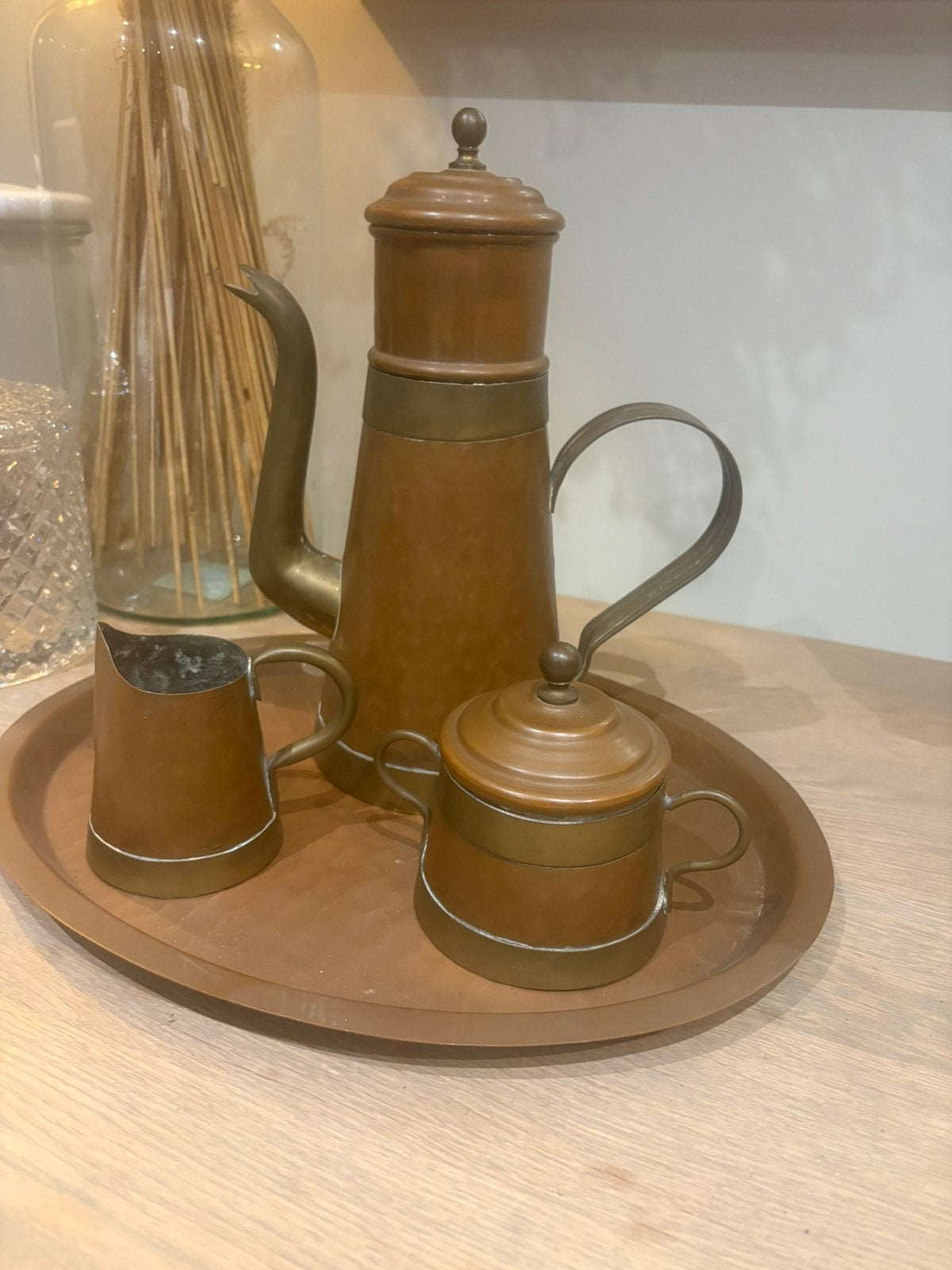 Antieke koperen koffieset H.G.R. Verbeelen Antwerpen, Ophalen, Gebruikt, Dienblad