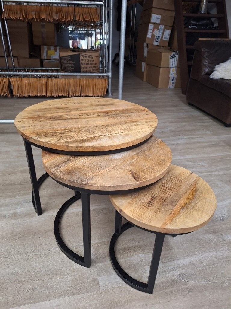 Industriële mangohouten salontafelset - 3 ronde tafels, Ophalen, 50 – 75, 50 tot 100 cm, Rond