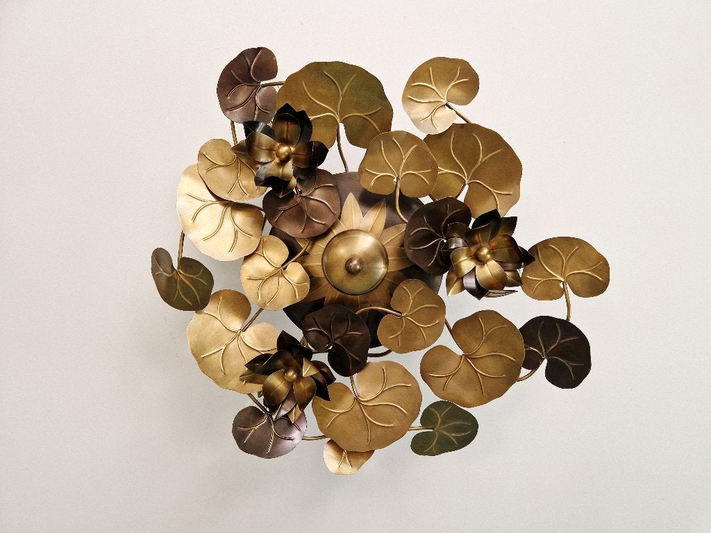 Hollywood Regency koperen plafondlamp met bloemen, 1970-80, Antiek en Kunst, Antiek | Verlichting, Ophalen of Verzenden