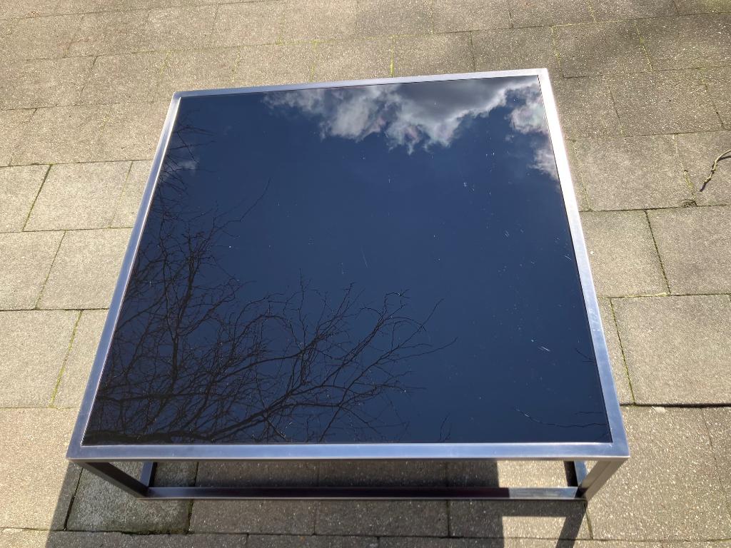 Vintage glazen salontafel met chromen onderstel, Huis en Inrichting, Tafels | Salontafels, Gebruikt, 75 cm of meer, 100 tot 150 cm