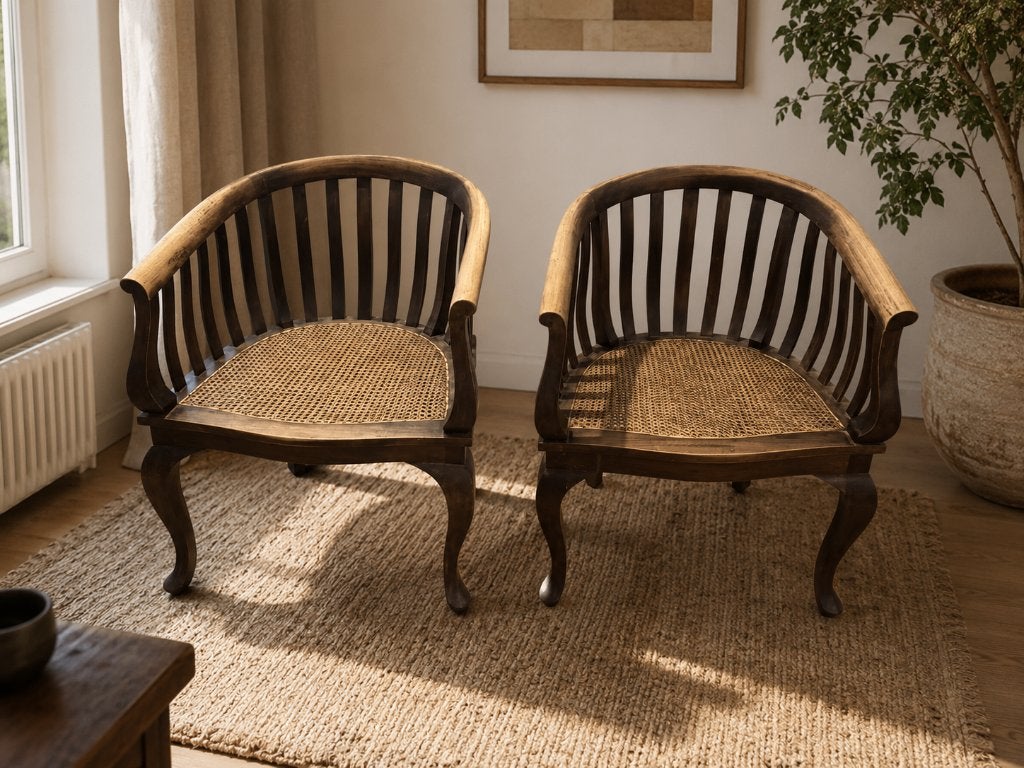 Set van 2 antieke koloniale Batavia stoelen met rotanzitting, Enlèvement, Bois, Batavia ; koloniaal ; javaans, Comme neuf