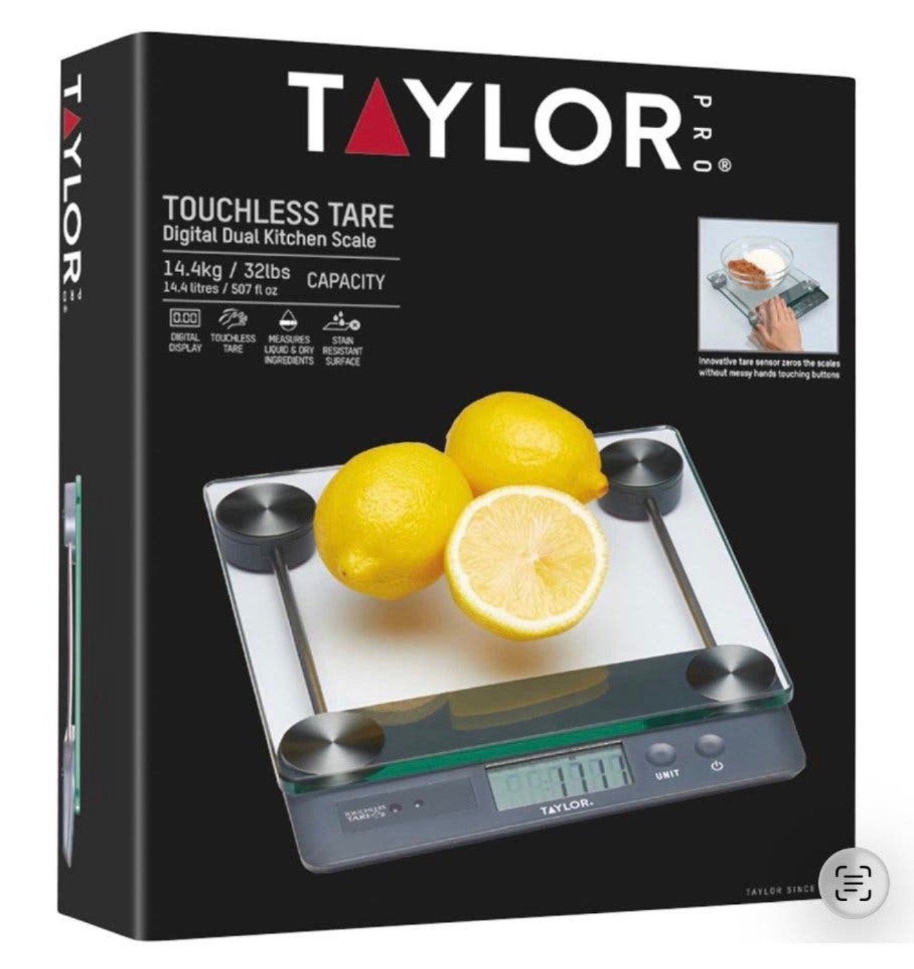 Balance de cuisine double Taylor Pro Touchless Tare 14,4 kg, Electroménager, Neuf, Enlèvement ou Envoi, 10 à 50 kg, Balance de cuisine