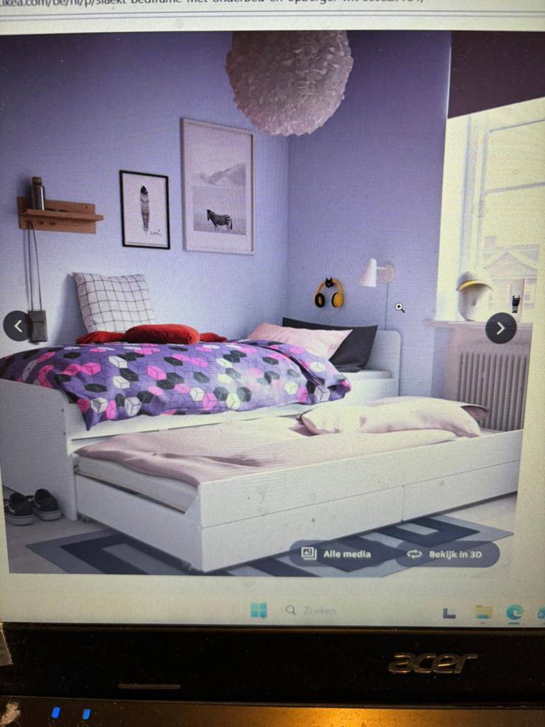 slaekt - bed ikea - 1 persoons met onderbed en opbergschuif, Huis en Inrichting, Ophalen, 90 cm, Wit, Tweepersoons
