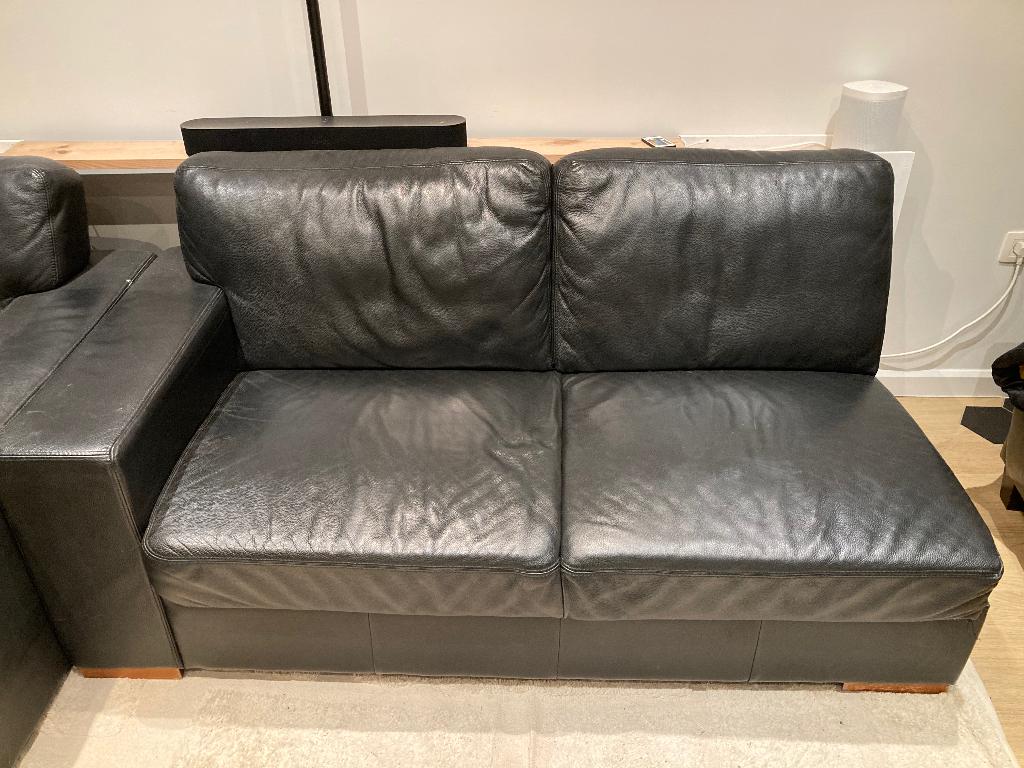 Zwart leren zetel, Huis en Inrichting, Ophalen, Gebruikt, 150 tot 200 cm, Hoekbank