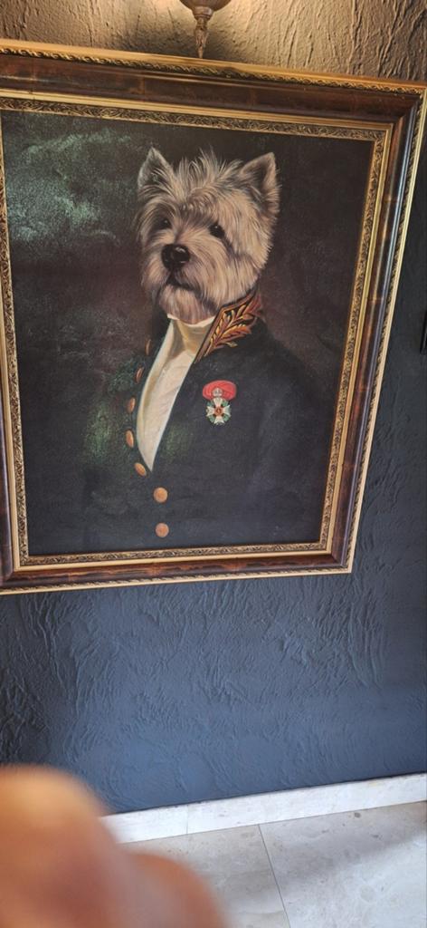 Prachtig groot schilderij hond in kostuum reproductie, Ophalen