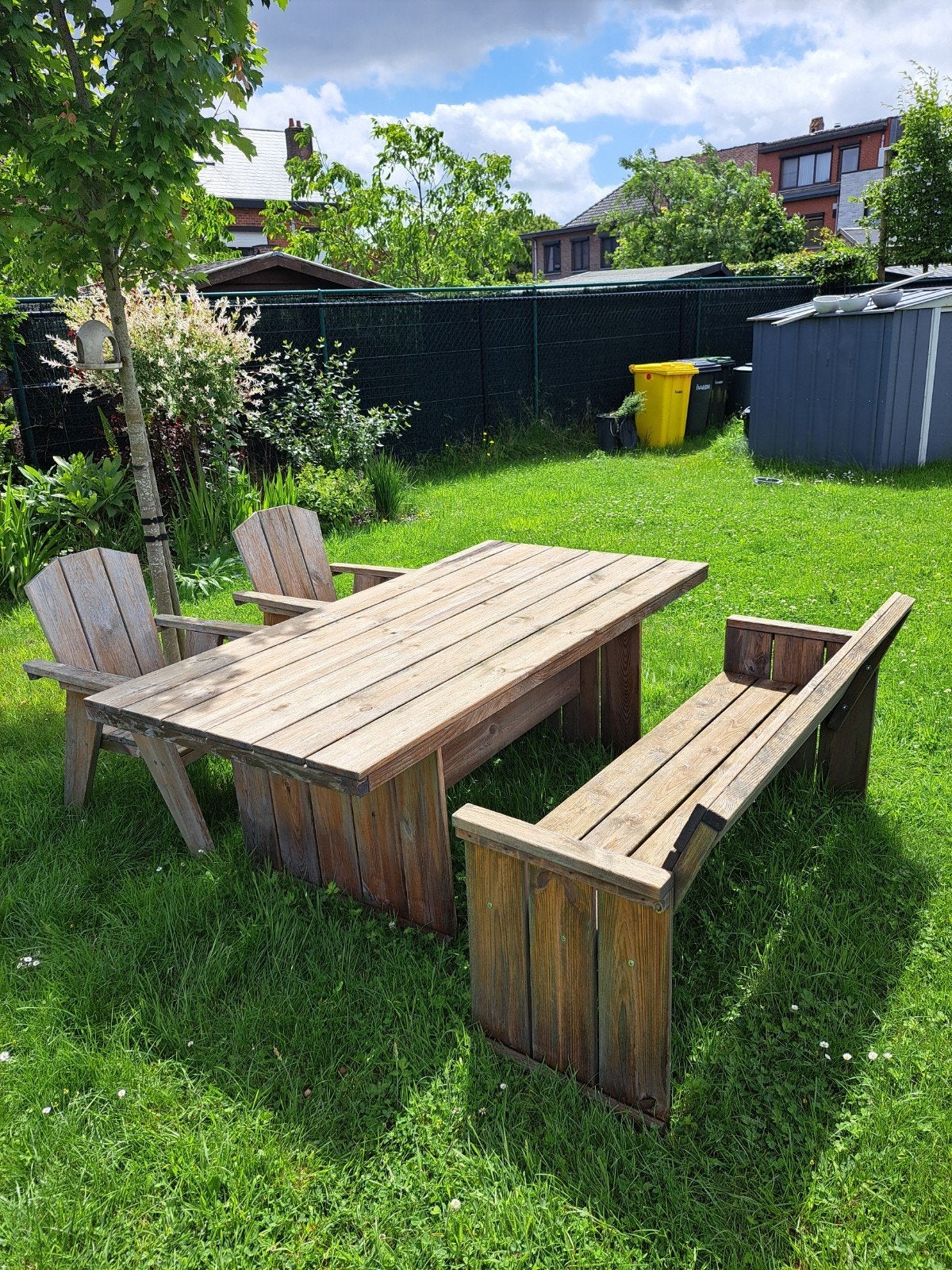 Robuuste houten tuinset 200x100cm + bank + stoelen, 5 zitplaatsen, Gebruikt, Ophalen of Verzenden, Bank