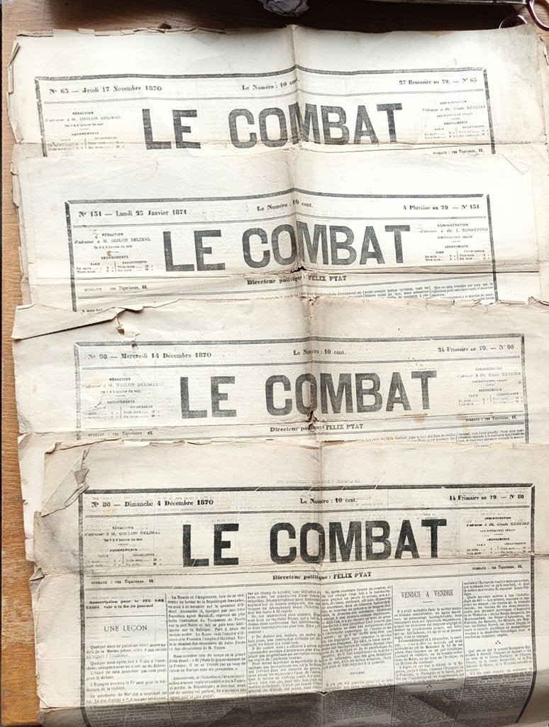 Lot of 4 vintage LE COMBAT French newspapers 1870-1871 Félix