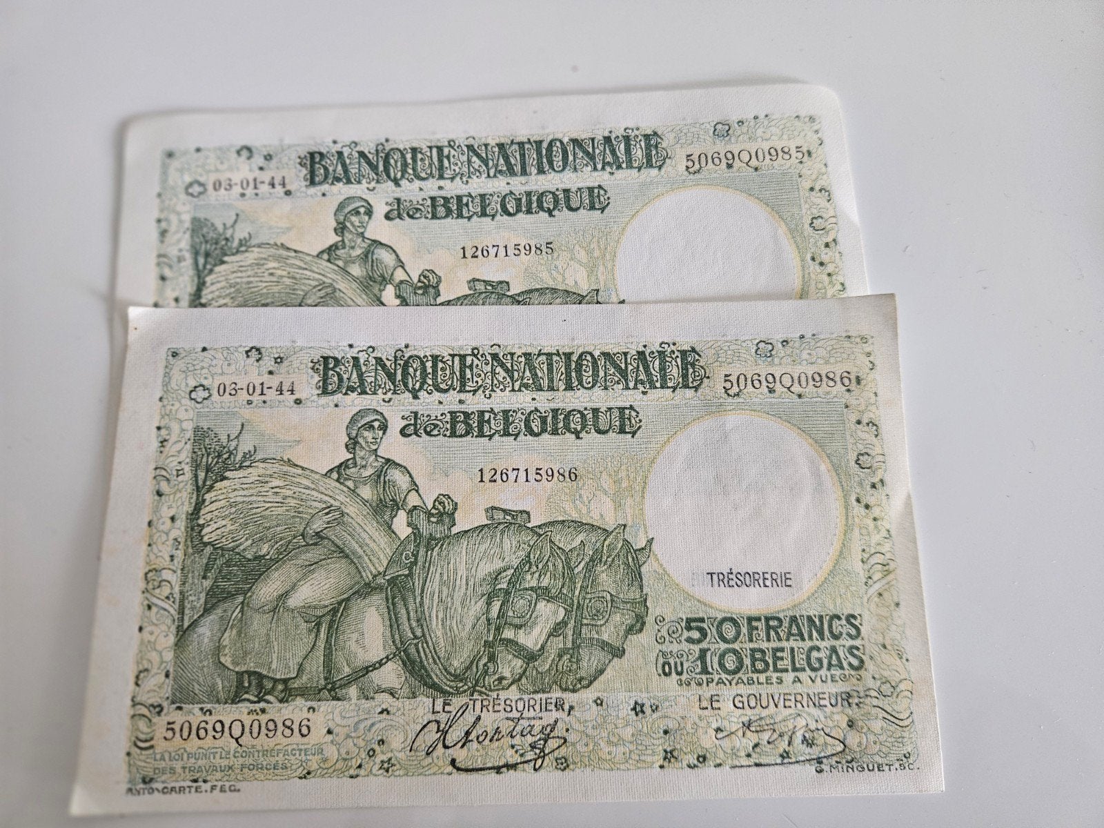 2 biljetten 50fr 10 Belga unc opeenvolgend, Ophalen of Verzenden