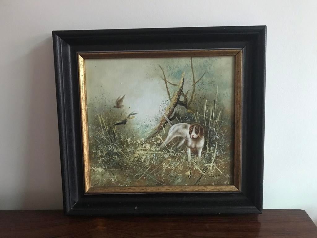 Schilderij jacht jachthond in houten lijst kader, Antiek en Kunst, Ophalen of Verzenden