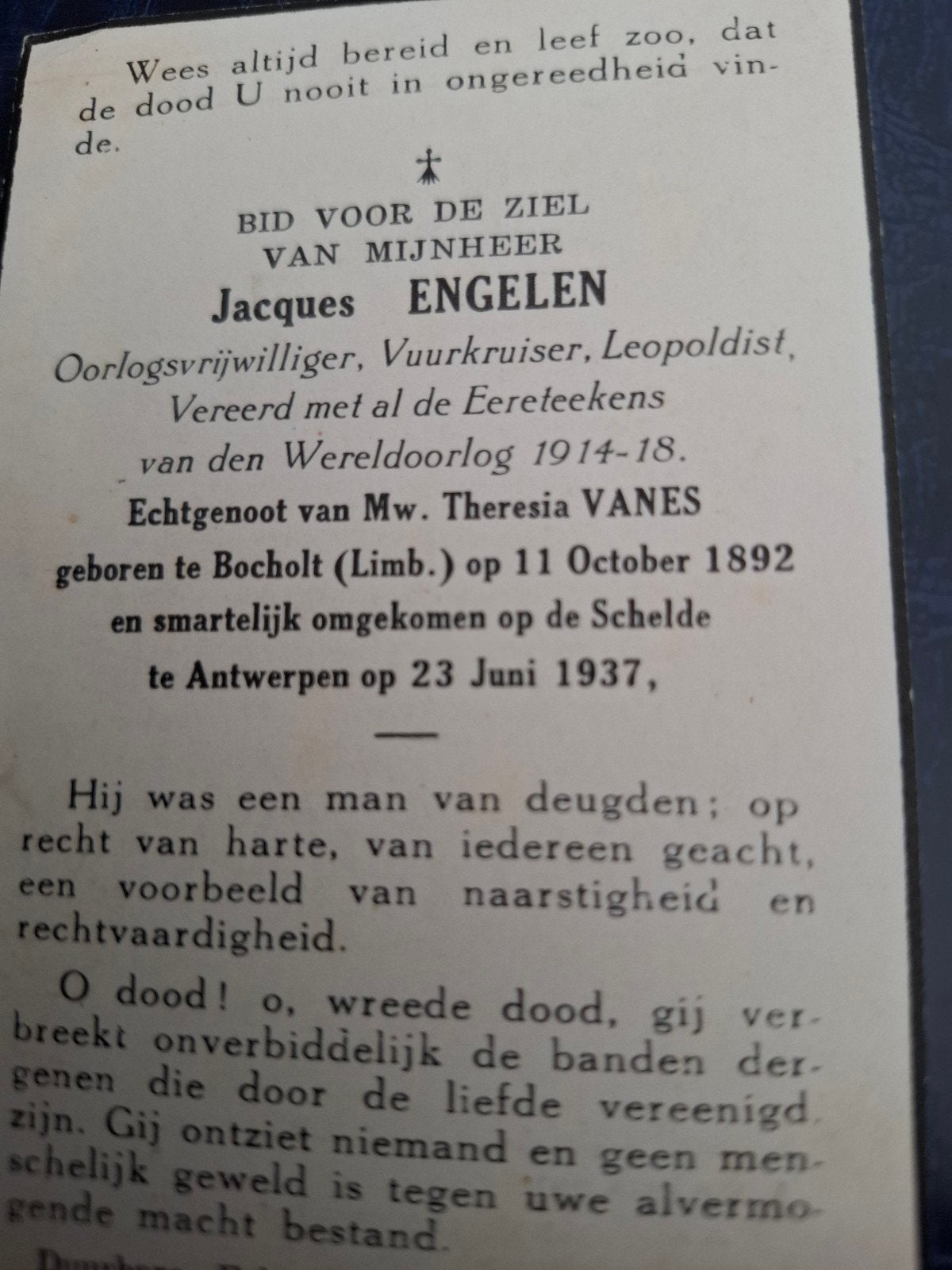 bidprentje oorlogsvrijwilliger, vuurkruiser, leopoldist, Verzamelen, Bidprentjes en Rouwkaarten, Ophalen of Verzenden, Bidprentje