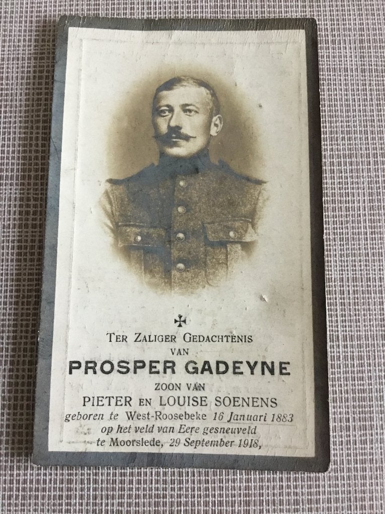 Soldaat P.Gadeyne Westrozebeke gesneuveld Moorslede 1918, Verzamelen, Bidprentjes en Rouwkaarten, Verzenden, Bidprentje