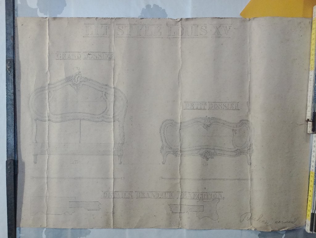 Dessin menuiserie Lit Louis XV signé Duhem Fernand 42x60, Enlèvement ou Envoi, Dessin, Signé