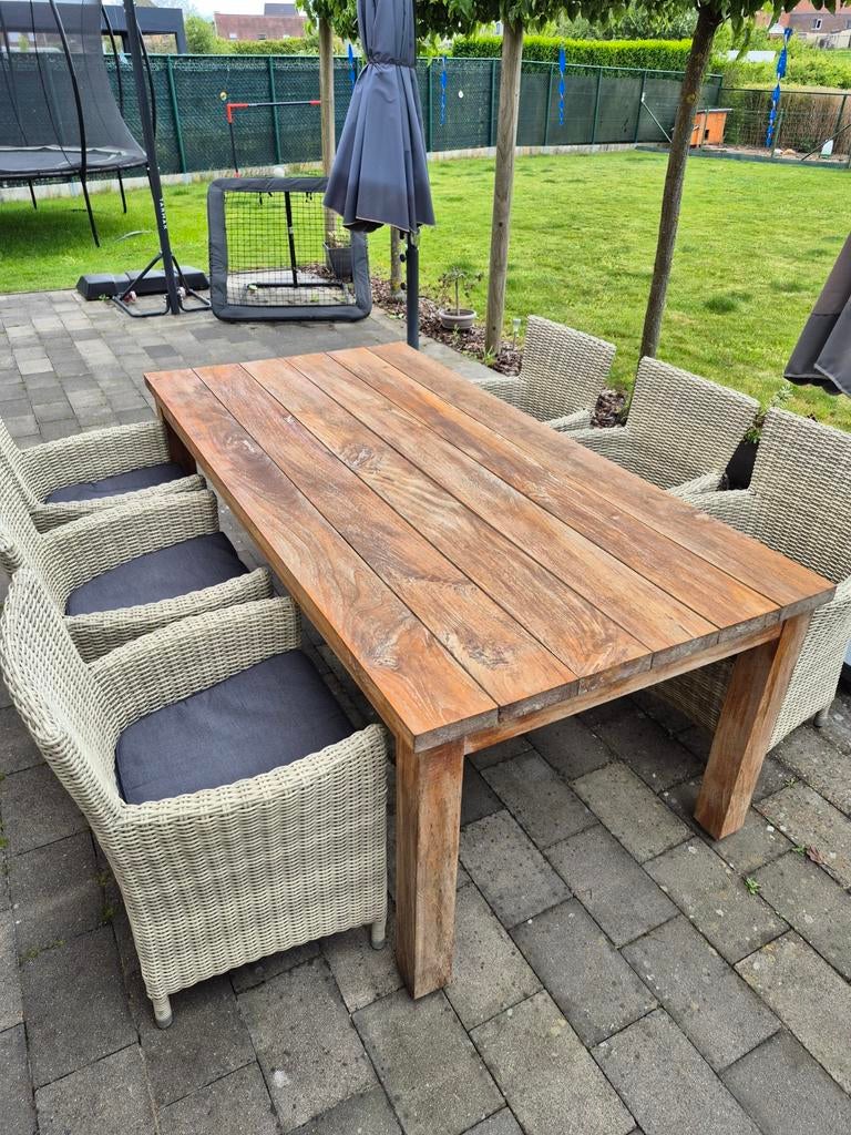 Teaken tuintafel met 6 wicker stoelen, Ophalen, Wicker