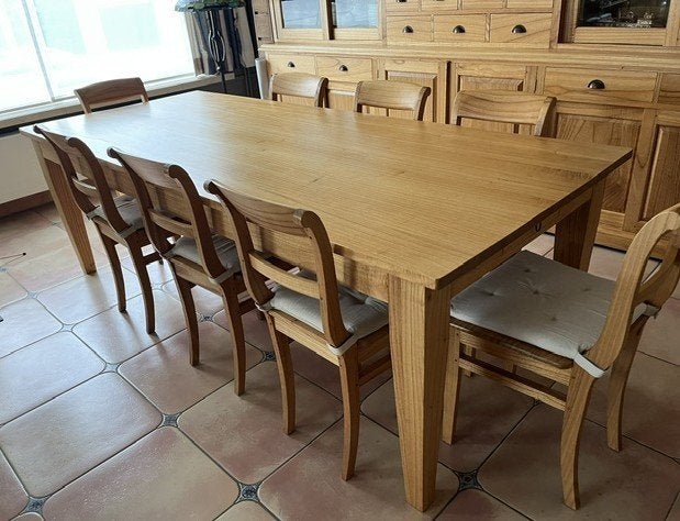 Table 240x100cm avec 8 chaises+coussins en bois massif orme, Maison & Meubles, 200 cm ou plus, Comme neuf, 100 à 150 cm, Enlèvement