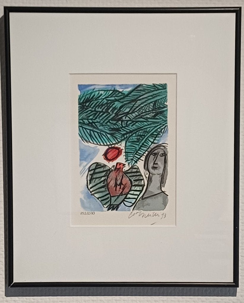 Vrouw en vogel onder palmtakken Corneille 152/200 1993, Portret en Figuren, Ophalen of Verzenden, Lithografie, Gesigneerd
