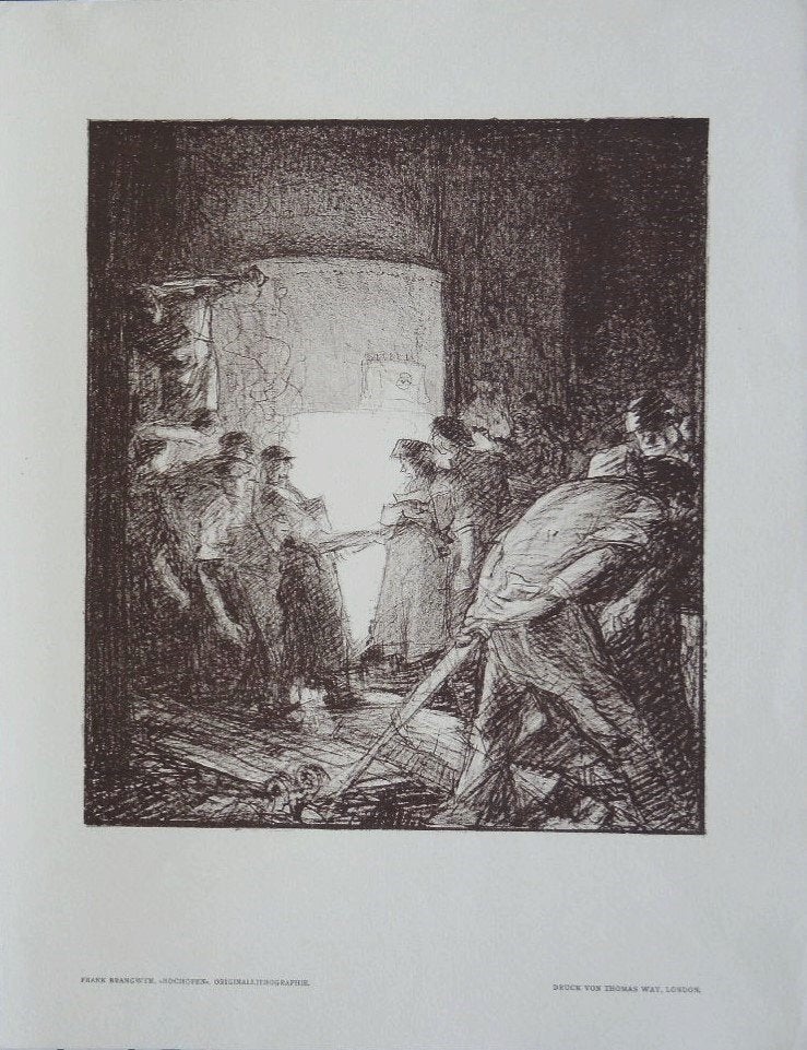 Frank Brangwyn litho "Hoogoven", druk Thomas Way London, Antiek en Kunst, Kunst | Litho's en Zeefdrukken, Origineel, Ophalen, Overige onderwerpen