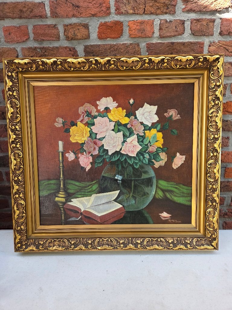 Gesigneerd schilderij P. Verschaeren 1952 – rozenstilleven, Antiek en Kunst, Ophalen, Doek, Stilleven, Gesigneerd