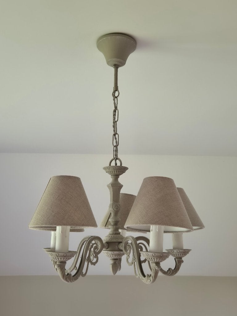 Lustre classique à 5 branches avec abat-jour en tissu beige, Enlèvement, Utilisé, Métal