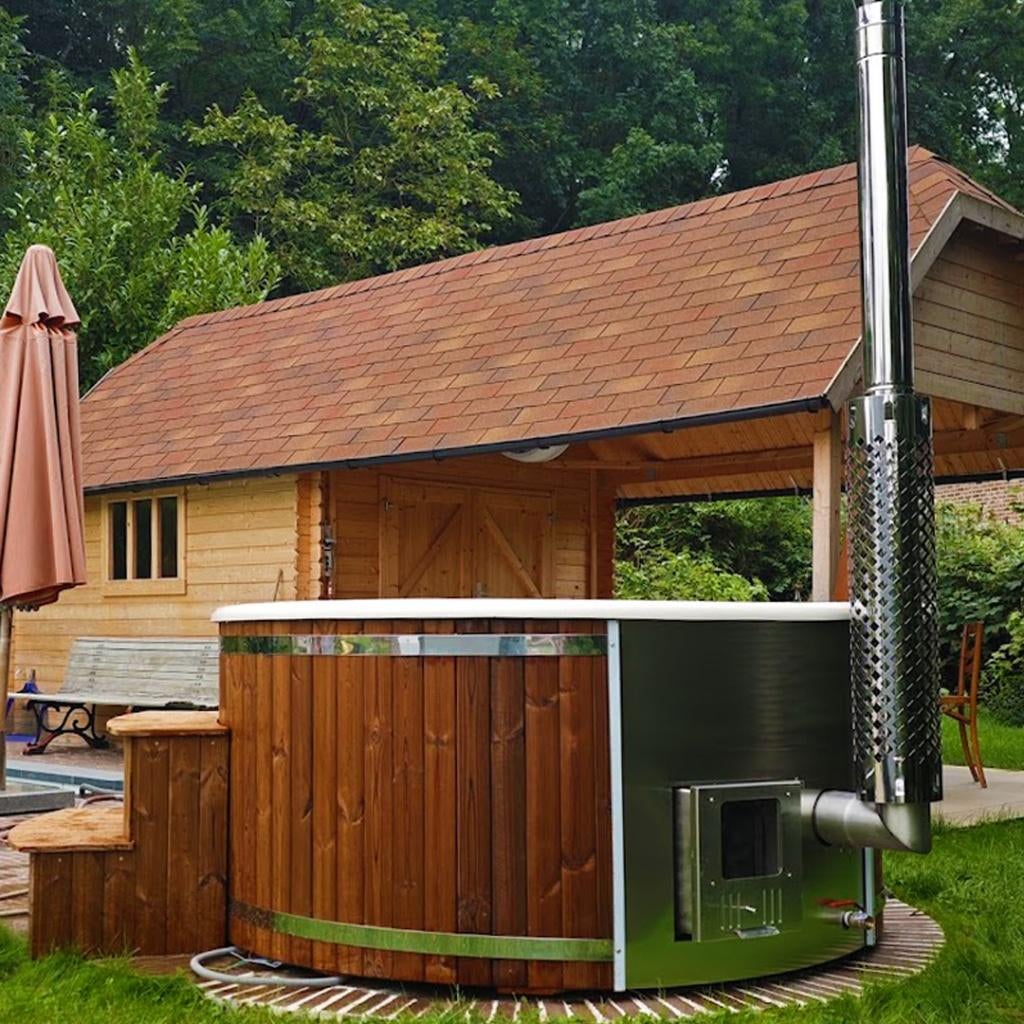 Hottub voor 5-6 personen | Thermowood & RVS houtkachel, Tuin en Terras, Bubbelbaden en Hottubs, Ophalen of Verzenden, Nieuw, Trap