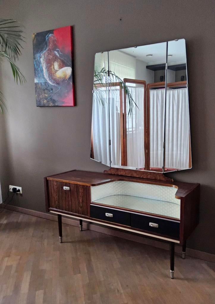 Vintage kaptafel met drieluik spiegel, Huis en Inrichting, Tafels | Kaptafels, Ophalen, Zo goed als nieuw