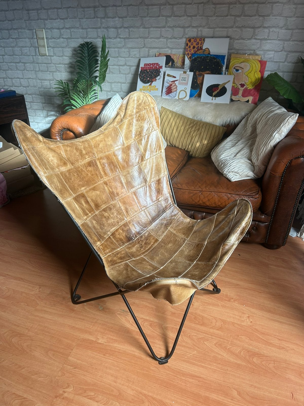 Paiee de fauteuil papillons en cuir marron, Maison & Meubles, Enlèvement, Utilisé, Une personne, Cuir