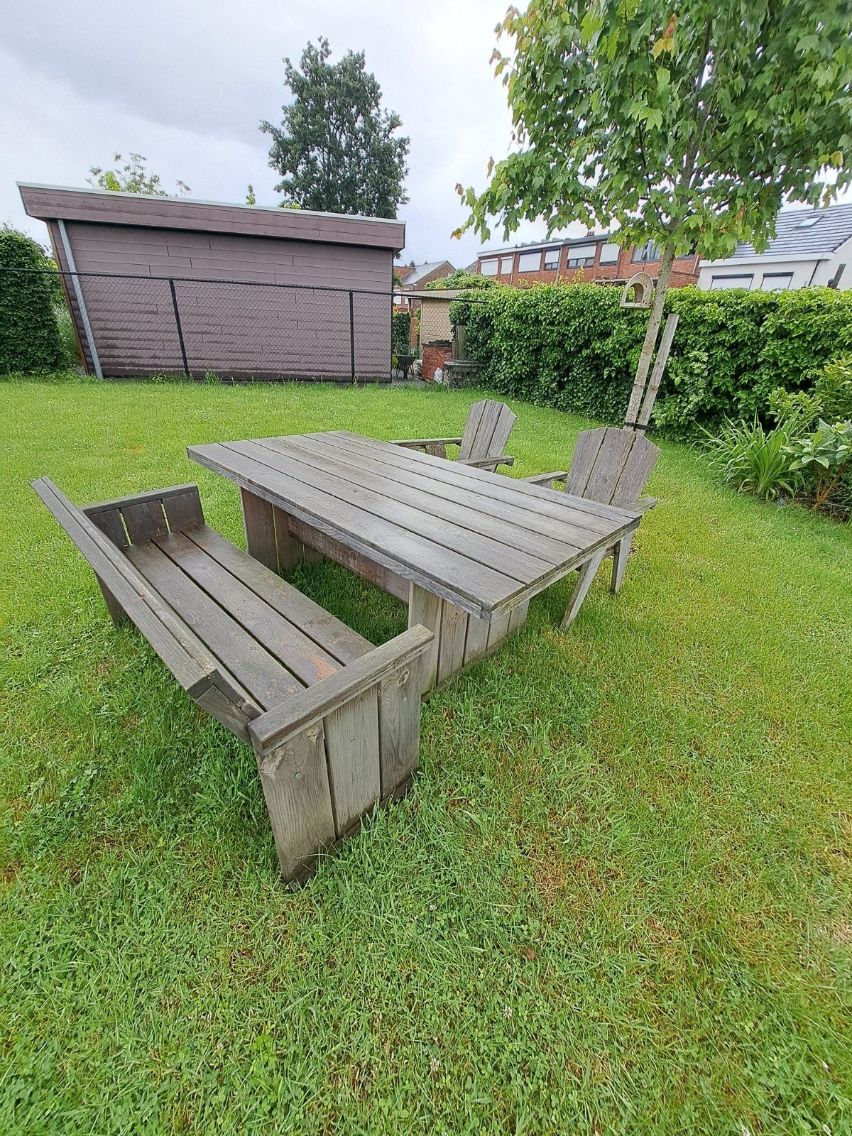 Robuuste houten tuinset 200x100cm + bank + stoelen, Ophalen of Verzenden, Hout, Bank, Tuinset