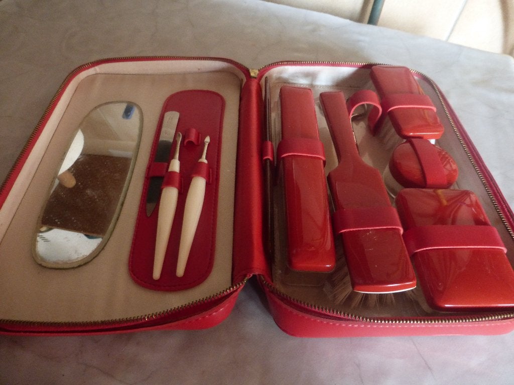 Trousse de toilette et manicure en cuir rouge pour femme, Enlèvement ou Envoi