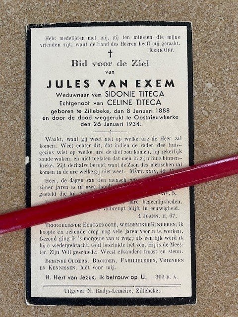 Victime de guerre 14-18 Jules Van ExemZillbeke + 26/1/1934, Collections, Enlèvement ou Envoi, Image pieuse