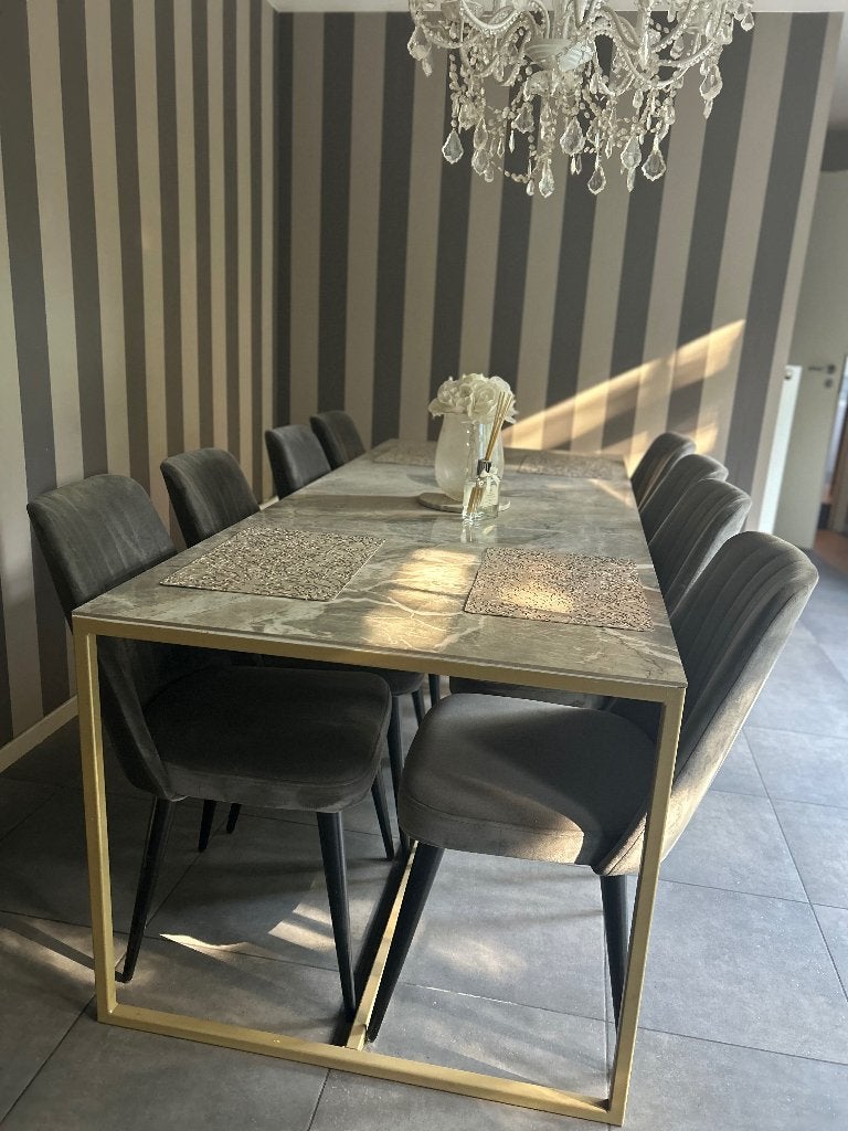 Keramieke eettafel 8-10 pers + evt  8 stoelen - marmer look, Huis en Inrichting, Overige materialen, 200 cm of meer, 50 tot 100 cm