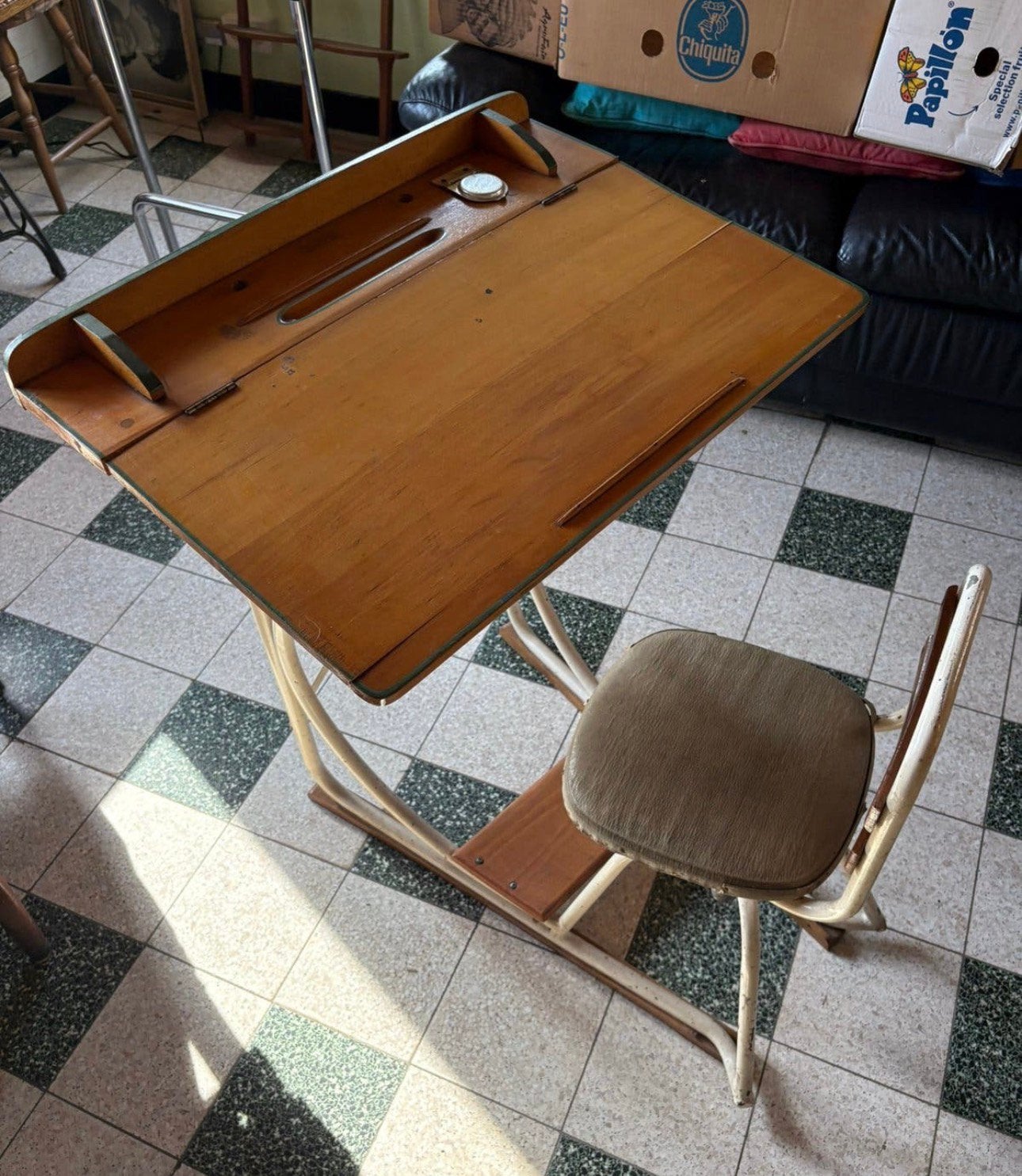 Ouderwets bureau/bankje, Ophalen, Gebruikt, Hout, Schoolbureau