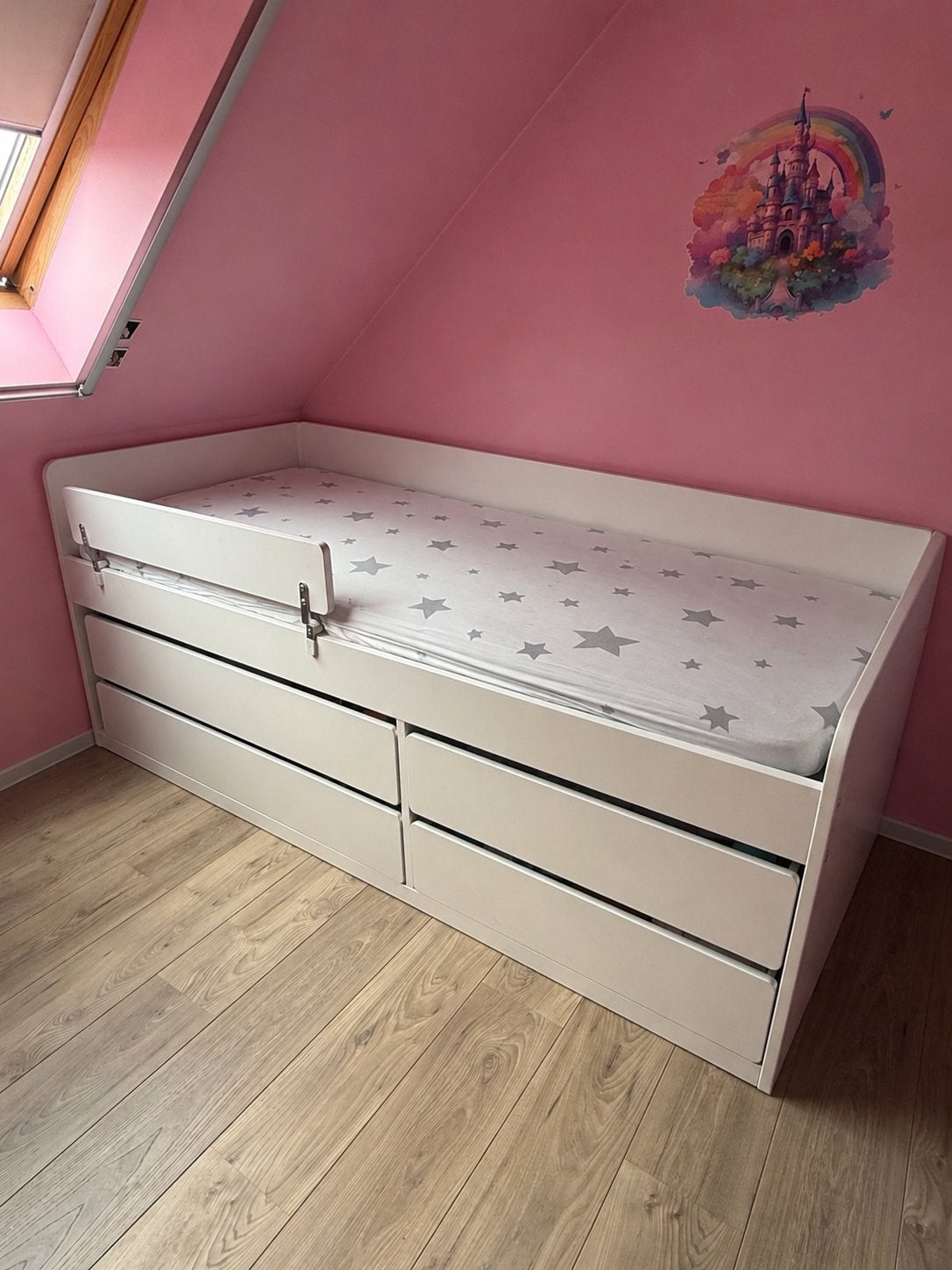 Bed met lades + lattenbodem + bedrand, 90 cm, Enlèvement, 200 cm, Blanc