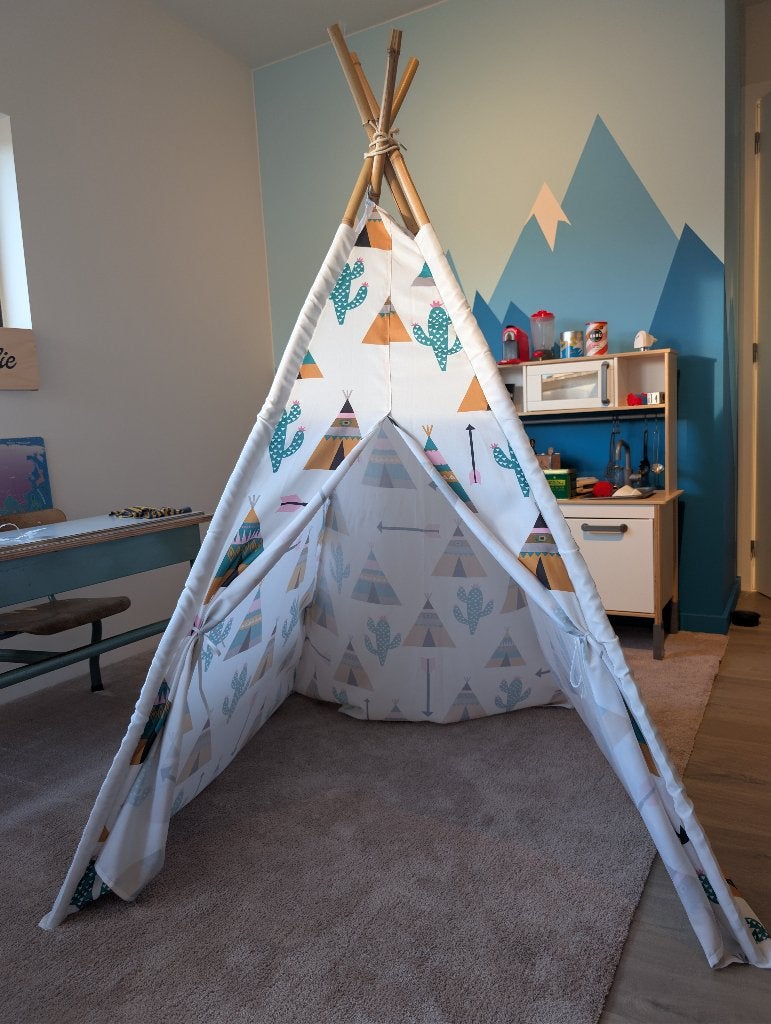 Tipi speeltent kinderen met bamboe palen, cactusprint, Kinderen en Baby's, Ophalen, Zo goed als nieuw