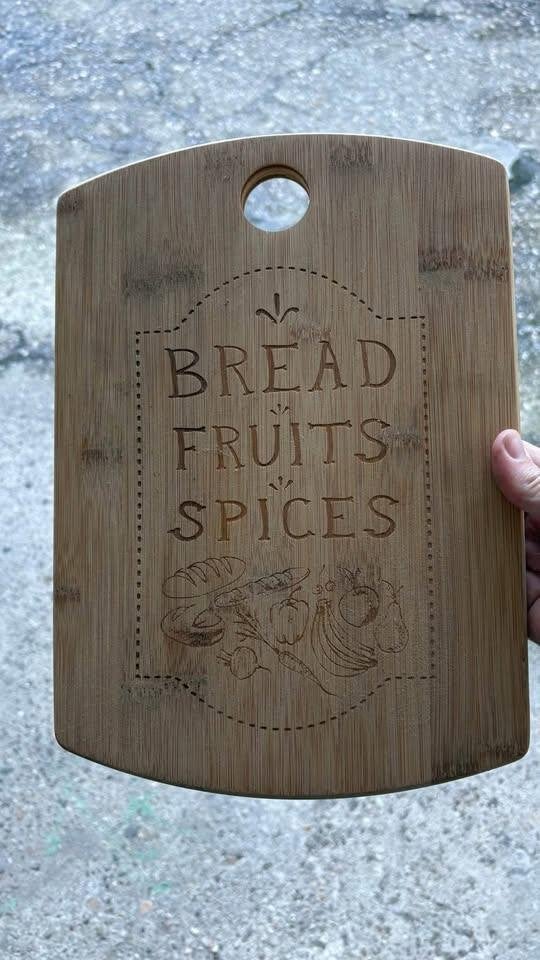 5x bamboe snijplank met gravure Bread Fruits Spices, Ophalen, Hout, Snij-/serveerplank, Nieuw