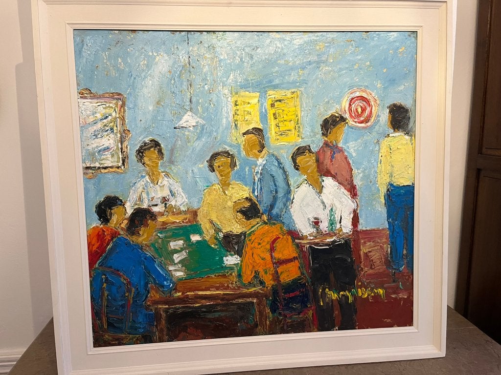 Groot olieverfschilderij op paneel– Vlaams cafétafereel, Ophalen, Hout, Gesigneerd, Overig onderwerp