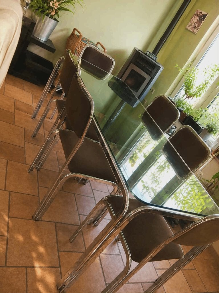 Table salle a manger et ses 6 chaises, 150 à 200 cm, Cinq personnes ou plus, Vintage, Verre