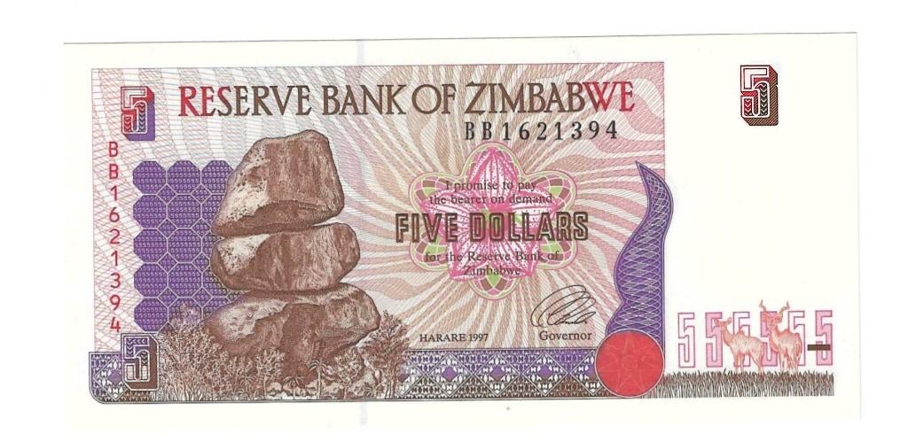 Zimbabwe, 5 Dollars 1997, UNC., Postzegels en Munten, Ophalen of Verzenden, Zimbabwe, Los biljet