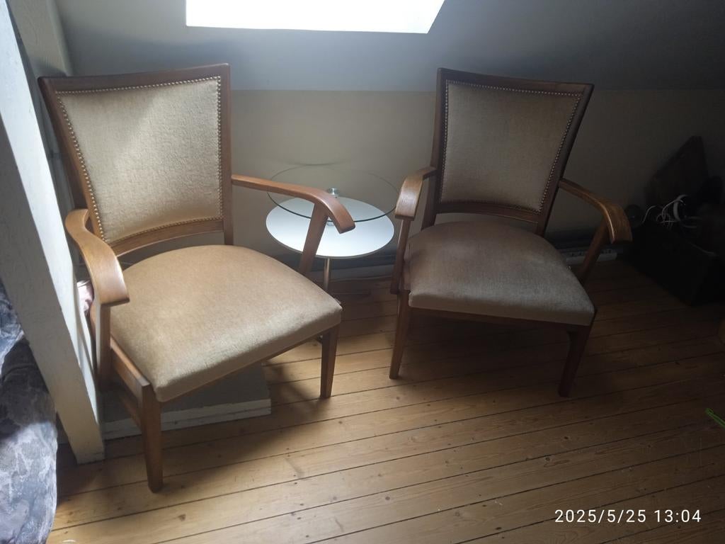 Set van 2 licht bruin beige fauteuils Vintage, Huis en Inrichting, Ophalen, Zo goed als nieuw, Hout, Gewoon mooi Vintage!!